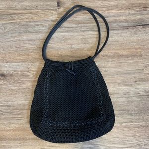 Womens Black Crocheted Drawstring Bucket Bag